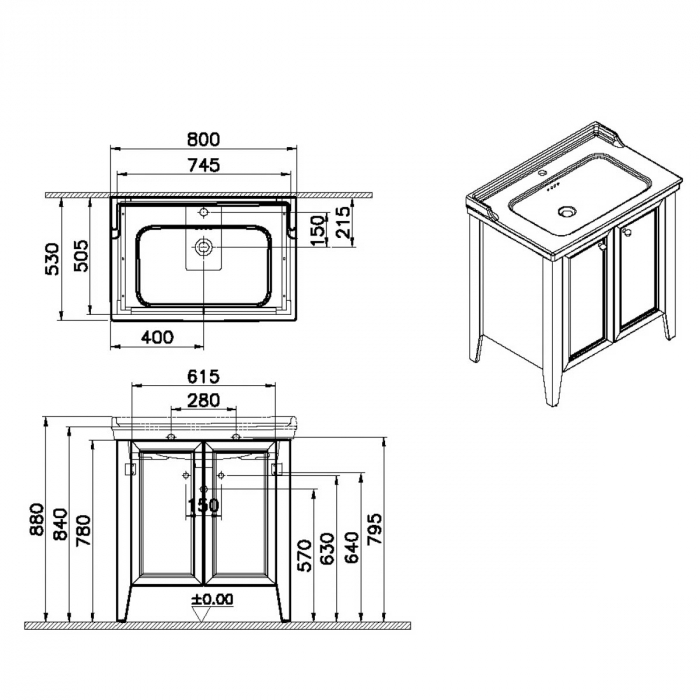 Unitate de baza lavoar baie 80cm, cu usi, cu vanity lavoar / chiuveta baie cu orificiu baterie, steel albastru | 65766 [2]
