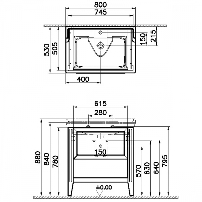 Unitate de baza lavoar baie 80cm, cu drawer, cu vanity lavoar / chiuveta baie cu orificiu baterie, mat ivory | 62182 [2]
