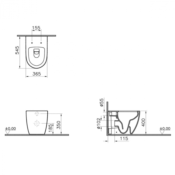 Vas WC rimless stativ lipit de perete 54cm, evacuare orizontala, taupe mat | 7985B020-0075 [2]