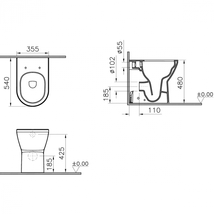 Vas WC rimless stativ lipit de perete 54cm, inalt, cu iesire universala | 7099B003-0075 [2]