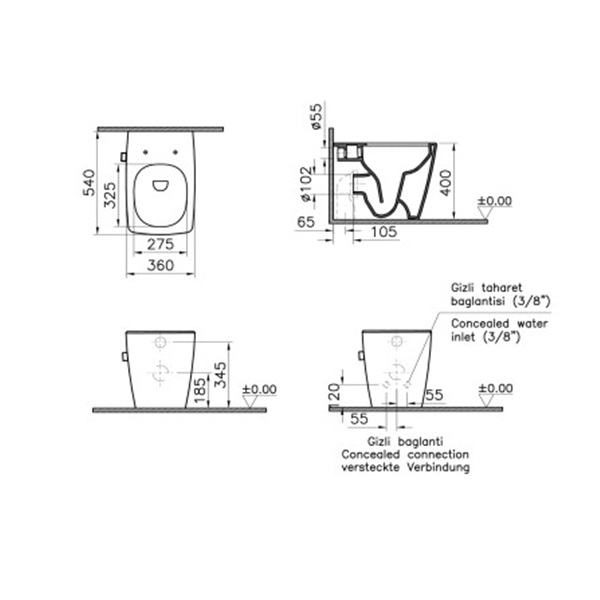 Vas WC rimless stativ lipit de perete robinet bideu integrata 54cm, alb | 7670B003-1584 [2]