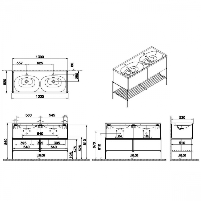 Unitate de baza lavoar baie 130cm cu lavoar dublu / chiuveta baie dubla, cu metal leg, cu 2 drawers, patterned negru oak | 66526 [2]