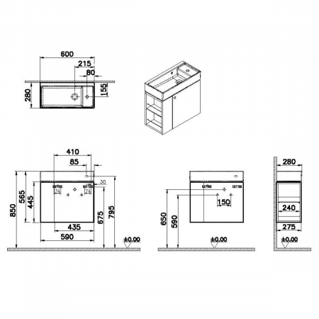 Unitate de baza lavoar baie Plywood 60cm, alb mat, orificiul baterie pe dreapta | 66532 [1]