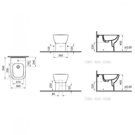 Bideu pe pardoseala lipit de perete 54cm cu orificii laterale | 7084B003-0290 [1]