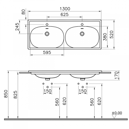 Lavoar / chiuveta baie dubla tip vanity 130cm, cu 2 orificii pentru baterie, cu 2 orificii preaplin, culoare piatra gri mat | 7244B476-0001 [1]
