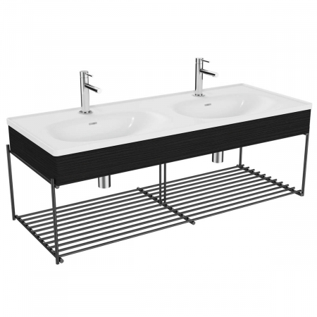 Mobilier de baie - Equal Unitate de baza lavoar baie 130cm, cu lavoar dublu / chiuveta baie dubla, cu polita, patterned negru oak | 64100