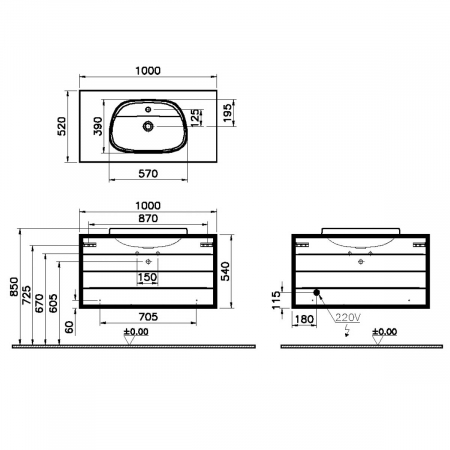 Frame Unitate de baza lavoar baie 100cm, cu 2 drawers, cu pe blat tv - shape lavoar / chiuveta baie cu orificiu robinet, negru mat | 62299 [1]