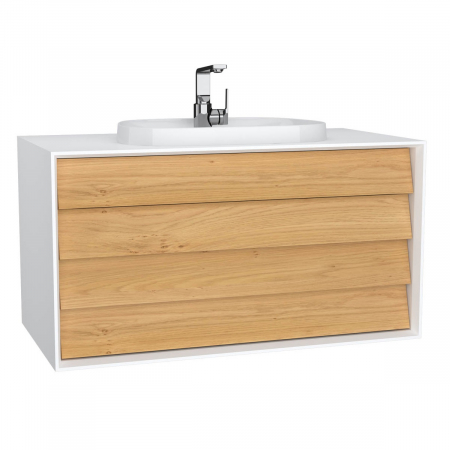 Mobilier de baie - Frame Unitate de baza lavoar baie 100cm, cu 2 drawers, cu pe blat tv - shape lavoar / chiuveta baie cu orificiu robinet, alb mat | 62298