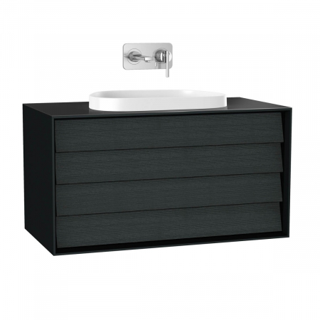 Mobilier de baie - Frame Unitate de baza lavoar baie 100cm, cu 2 drawers, cu pe blat tv - shape lavoar / chiuveta baie fara orificiu robinet, negru mat | 61467