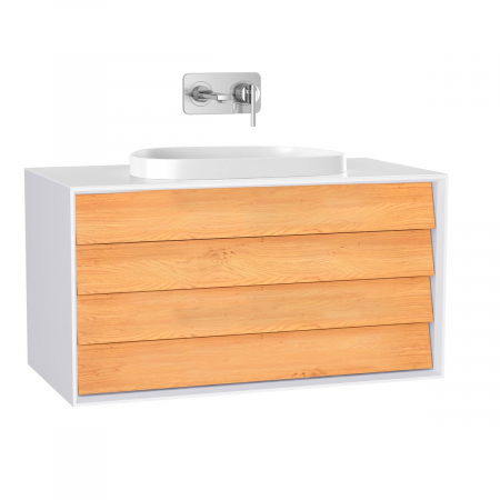Mobilier de baie - Frame Unitate de baza lavoar baie 100cm, cu 2 drawers, cu pe blat tv - shape lavoar / chiuveta baie fara orificiu robinet, alb mat | 61466