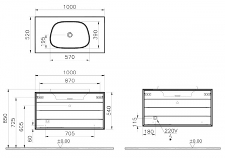 Frame Unitate de baza lavoar baie 100cm, cu 2 drawers, cu pe blat tv - shape lavoar / chiuveta baie fara orificiu robinet, alb mat | 61466 [1]
