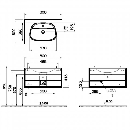 Frame Unitate de baza lavoar baie 80cm, cu 1 drawer, cu pe blat tv - shape lavoar / chiuveta baie cu orificiu robinet, negru mat | 62287 [1]