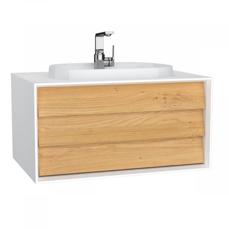 Mobilier de baie - Frame Unitate de baza lavoar baie 80cm, cu 1 drawer, cu pe blat tv - shape lavoar / chiuveta baie cu orificiu robinet, alb mat | 62286