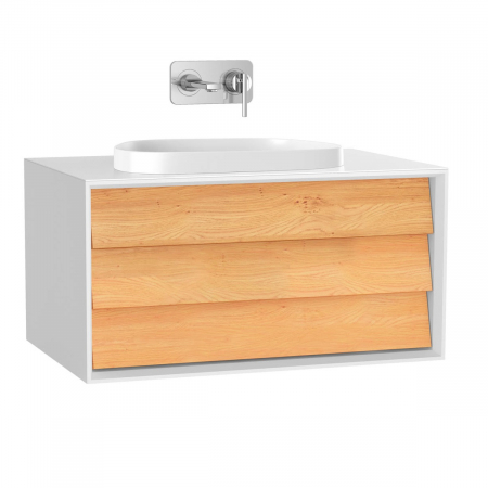 Mobilier de baie - Frame Unitate de baza lavoar baie 80cm, cu 1 drawer, cu pe blat tv - shape lavoar / chiuveta baie fara orificiu robinet, alb mat | 61454