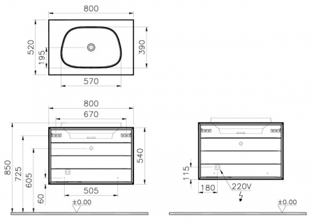 Frame Unitate de baza lavoar baie 80cm, cu 2 drawers, cu pe blat tv - shape lavoar / chiuveta baie fara orificiu robinet, negru mat | 61464 [1]
