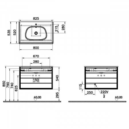 Frame Unitate de baza lavoar baie 80cm, cu 2 drawers, cu vanity lavoar / chiuveta baie negru mat | 61229 [1]