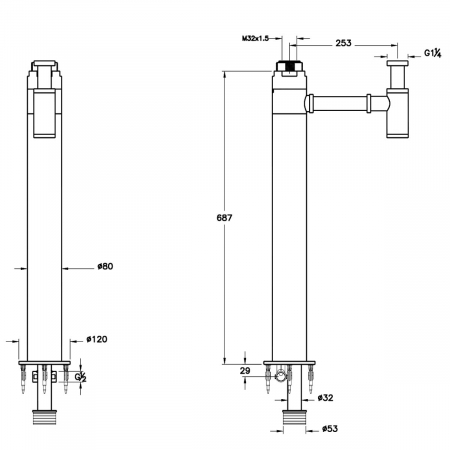 Sifon scurgere freestanding 687mm crom pentru lavoar | A45161 [1]