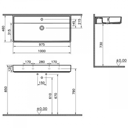 Lavoar / chiuveta baie 100cm x 46cm, cu orificiu pentru baterie, fara orificiul preaplin | 7417B076-0041 [1]