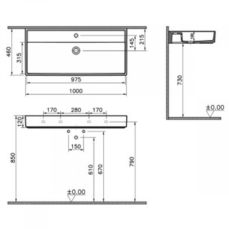 Lavoare - Lavoar / chiuveta baie 100cm x 46cm, cu orificiul pentru baterie si preaplin | 7417B003-0001