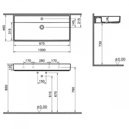 Lavoar / chiuveta baie 100cm x 46cm, cu orificiul pentru baterie si preaplin | 7417B076-0001 [1]