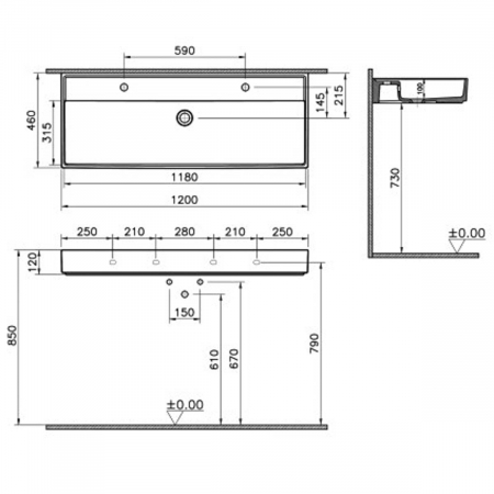 Lavoar / chiuveta baie 120cm x 46cm, cu orificiu pentru baterie, fara orificiul preaplin | 7418B076-0041 [1]