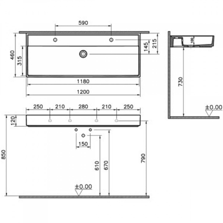 Lavoare - Lavoar / chiuveta baie 120cm x 46cm, cu orificiul pentru baterie si preaplin | 7418B003-0001
