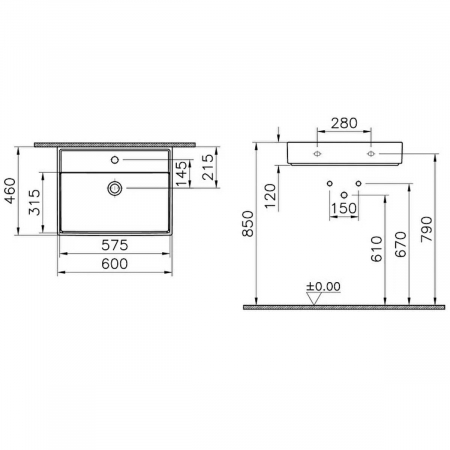 Lavoar / chiuveta baie 60cm x 46cm, cu orificiu pentru baterie, fara orificiul preaplin | 7414B003-0041 [1]
