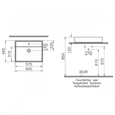 Lavoar / chiuveta baie 60cm x 46cm, cu orificiu pentru baterie, fara orificiul preaplin | 7414B077-0661 [1]