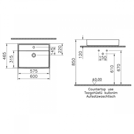 Lavoar / chiuveta baie 60cm x 46cm, cu orificiul pentru baterie si preaplin | 7414B076-0631 [1]