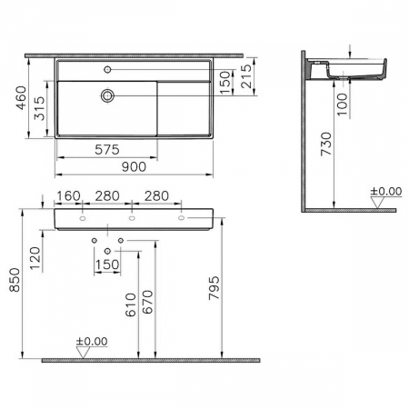 Lavoar / chiuveta baie 90cm x 46cm, cu orificiu pentru baterie, fara orificiul preaplin | 7416B003-0041 [1]