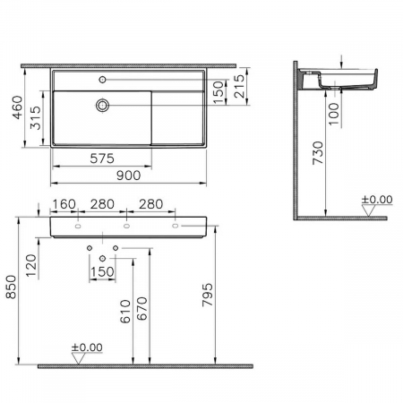 Lavoar / chiuveta baie 90cm x 46cm, cu orificiul pentru baterie si preaplin | 7416B003-0001 [1]
