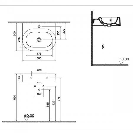 Lavoar / chiuveta baie cu 2 gauri pentru robinet, fara orificiul preaplin 60cm | 7316B403-1739 [1]