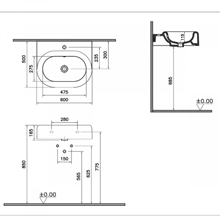 Lavoar / chiuveta baie cu orificiul pentru baterie si preaplin 60cm | 7316B403-0001 [1]