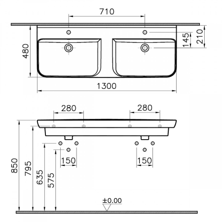 Lavoar / chiuveta baie cu two lavoar tip bol 130cm, cu 2 gauri pentru robinet, cu orificiul preaplin, alb | 5949B003-0001 [1]
