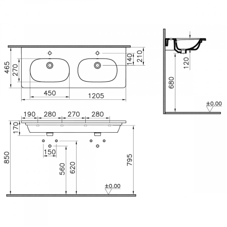 Lavoar / chiuveta baie dubla tip vanity 120cm, cu 2 orificii pentru baterie si orificiul preaplin | 7795B003-0001 [1]