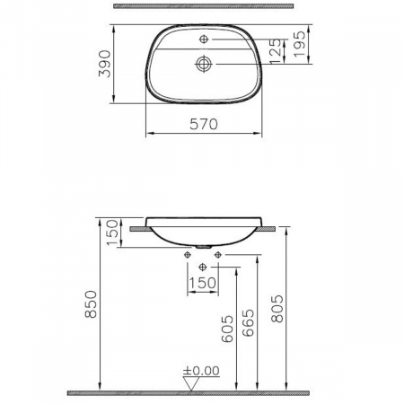 Lavoar / chiuveta baie ovala pe blat57cm, cu orificiu pentru baterie, fara orificiul preaplin, alb mat | 5696B401-0041 [1]
