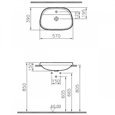 Lavoar / chiuveta baie ovala pe blat57cm, cu orificiu pentru baterie, fara orificiul preaplin, negru | 5696B470-0041 [1]
