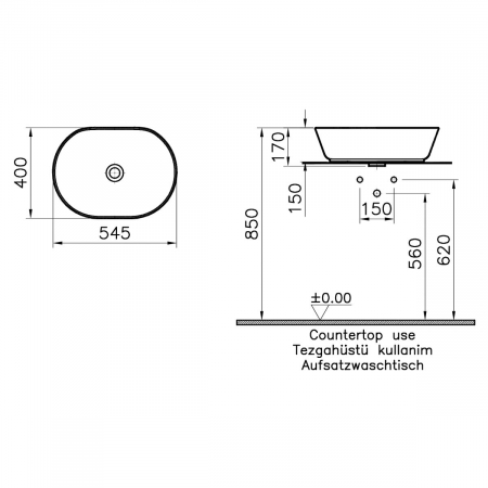 Lavoar / chiuveta baie ovala tip bol 55cm, fara orificiu baterie, fara orificiul preaplin, alb mat | 7427B001-0016 [1]