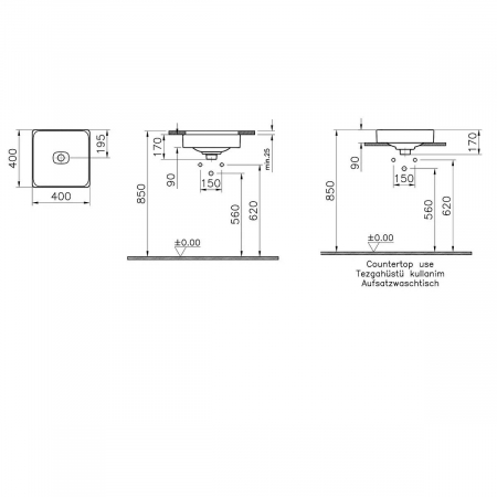 Lavoar / chiuveta baie patrata tip bol 40cm fara orificiu baterie, fara orificiul preaplin, pe blat | 7533B020-1398 [1]