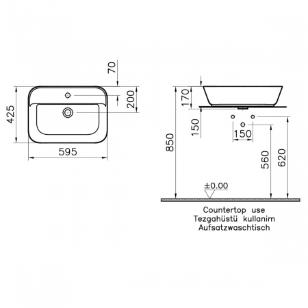 Lavoar / chiuveta baie patrata tip bol 60cm, cu orificiu pentru baterie, fara orificiul preaplin | 7426B003-0041 [1]