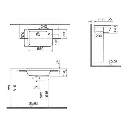 Lavoar / chiuveta baie semiincastrat, 55cm, cu orificiu pentru baterie, fara orificiul preaplin, scurt projection | 7338B003-0001 [1]