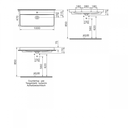 Lavoar / chiuveta baie standard 100cm cu orificiu pentru baterie, fara orificiul preaplin | 7529B076-0041 [1]