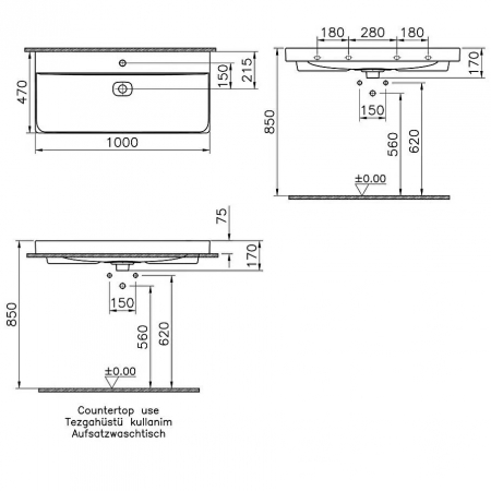 Lavoar / chiuveta baie standard 100cm cu orificiu pentru baterie, fara orificiul preaplin, pe blat | 7529B020-0937 [1]