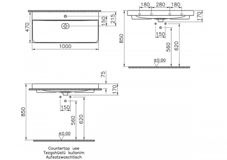 Lavoar / chiuveta baie standard 100cm cu orificiu pentru baterie, fara orificiul preaplin, pe blat | 7529B076-0937 [1]