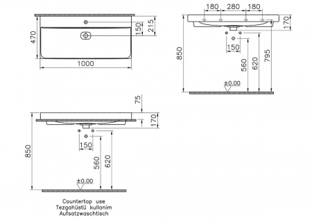Lavoar / chiuveta baie standard 100cm cu orificiul pentru baterie si preaplin | 7529B083-0001 [1]