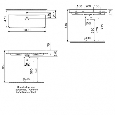 Lavoar / chiuveta baie standard 100cm cu orificiul pentru baterie si preaplin, pe blat | 7529B001-0973 [1]