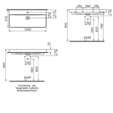 Lavoar / chiuveta baie standard 100cm cu orificiul pentru baterie si preaplin, pe blat | 7529B020-0973 [1]