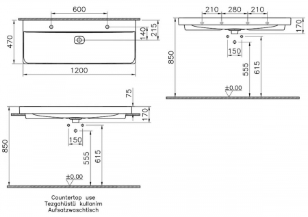 Lavoar / chiuveta baie standard 120 cm cu orificiu pentru baterie, fara orificiul preaplin | 7530B076-0041 [1]