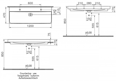 Lavoar / chiuveta baie standard 120 cm cu orificiu pentru baterie, fara orificiul preaplin, pe blat | 7530B001-0937 [1]