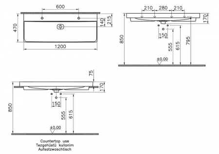 Lavoar / chiuveta baie standard 120 cm cu orificiul pentru baterie si preaplin, pe blat | 7530B083-0973 [1]